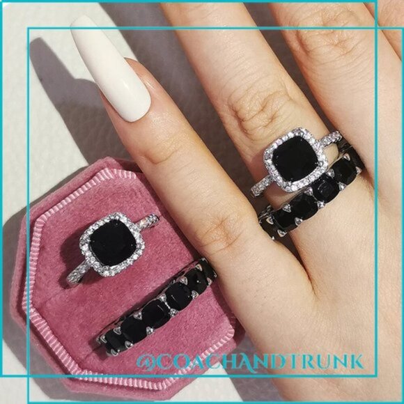 Sterling Silver Black Cushion Cut Halo Engagement & Eternity Wedding Ring SET - Picture 2 of 7